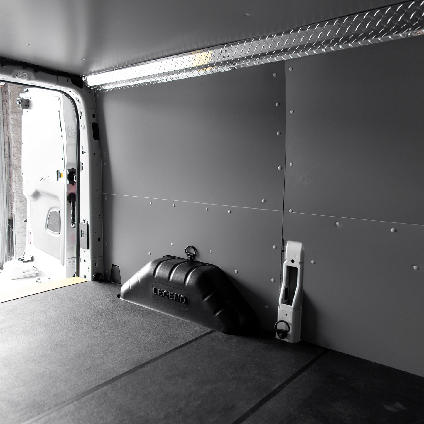 Cargo Van Interior with Textured Grey DuraTherm Ceiling Liner Kit installed