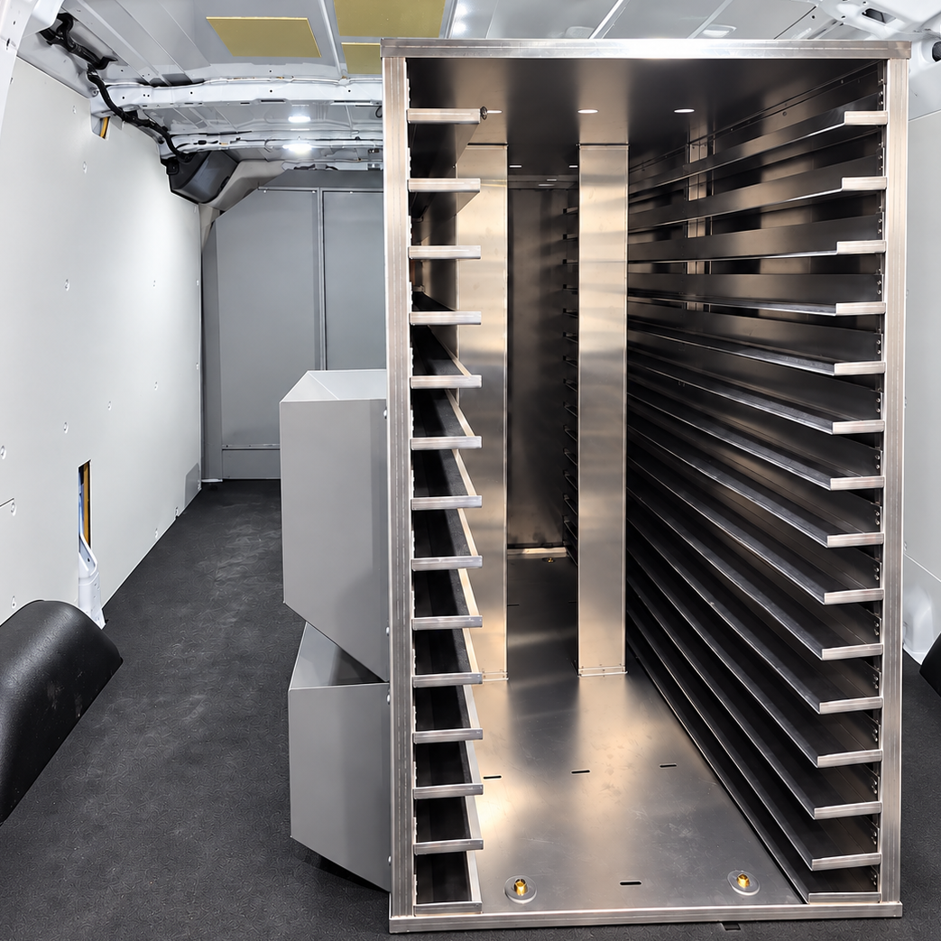 Amodular storage rack system installed inside the cargo area of van