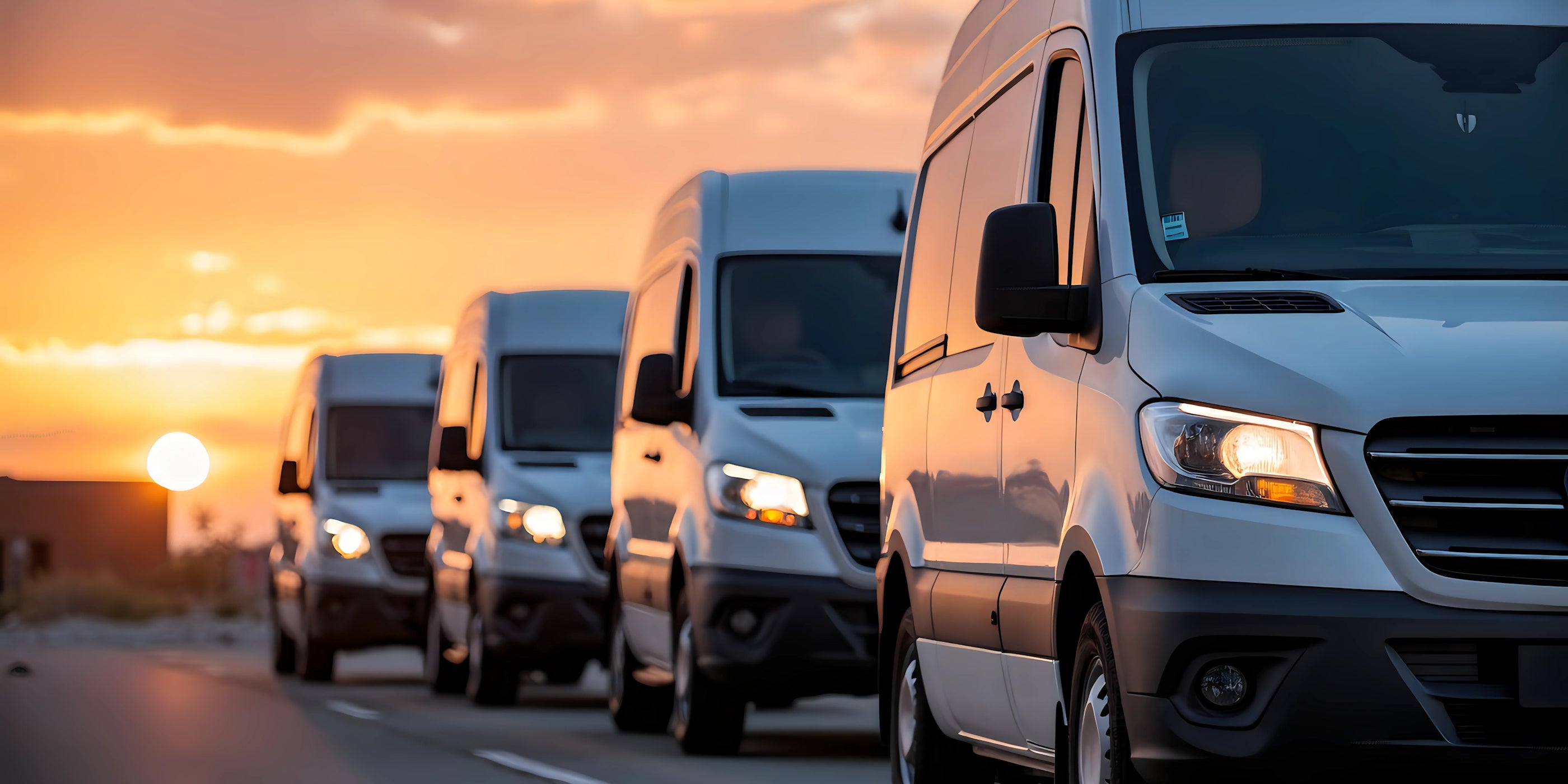 Row of vans on a road with a sunset in the background