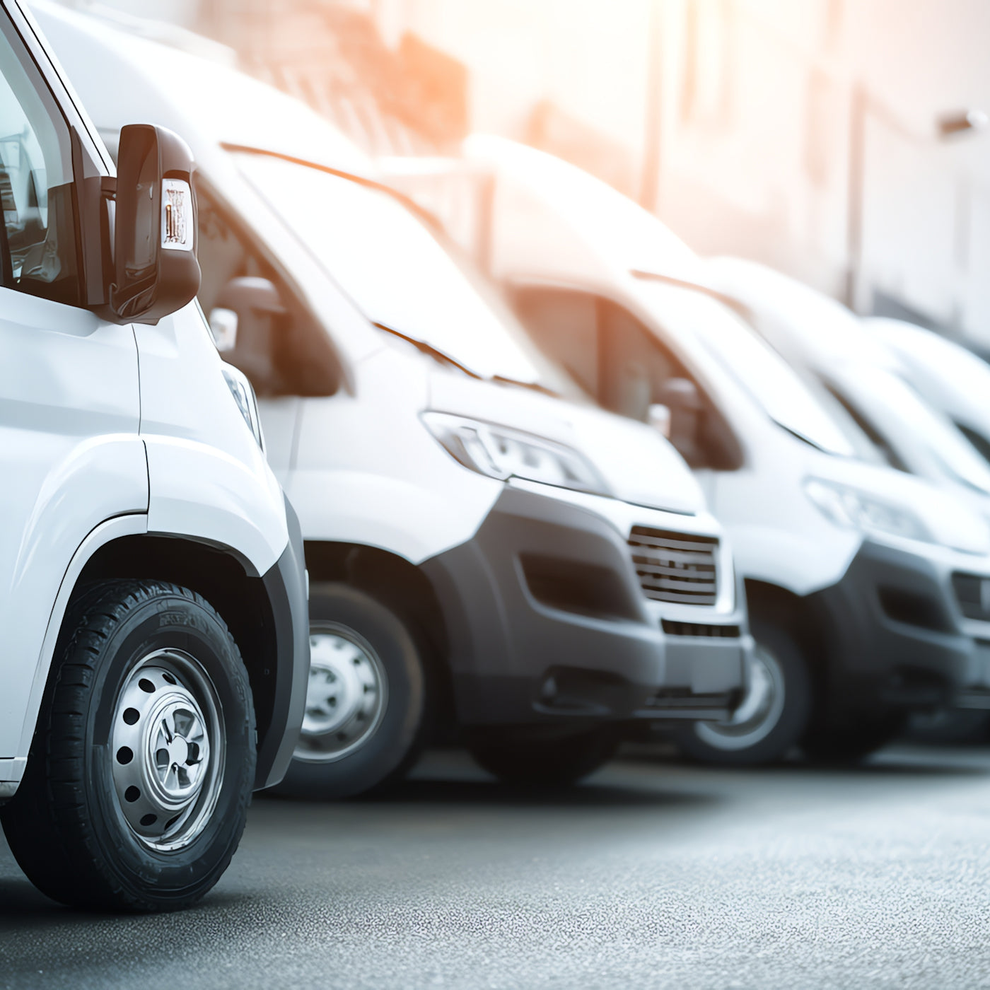 Row of white vans parked in a row with a blurred background
